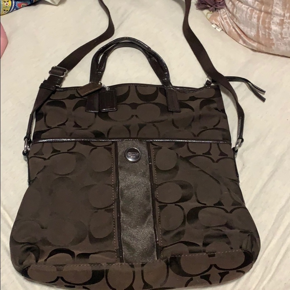 Brown Canvas Foldover Coach Crossbody Purse